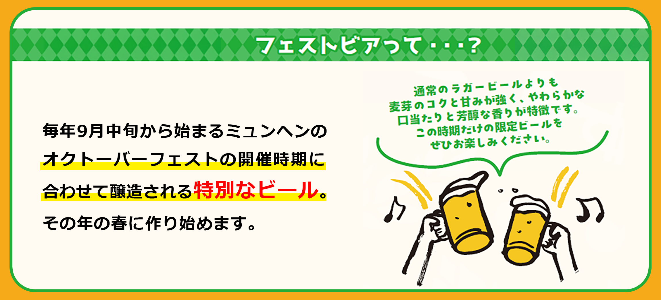 フェストビアの説明画像。毎年9月中旬から開催されるミュンヘンのオクトーバーフェストに合わせて醸造される特別なビールについて紹介。通常のラガービールより麦芽のコクと甘みが強く、やわらかな口当たりと芳醇な香りが特徴。